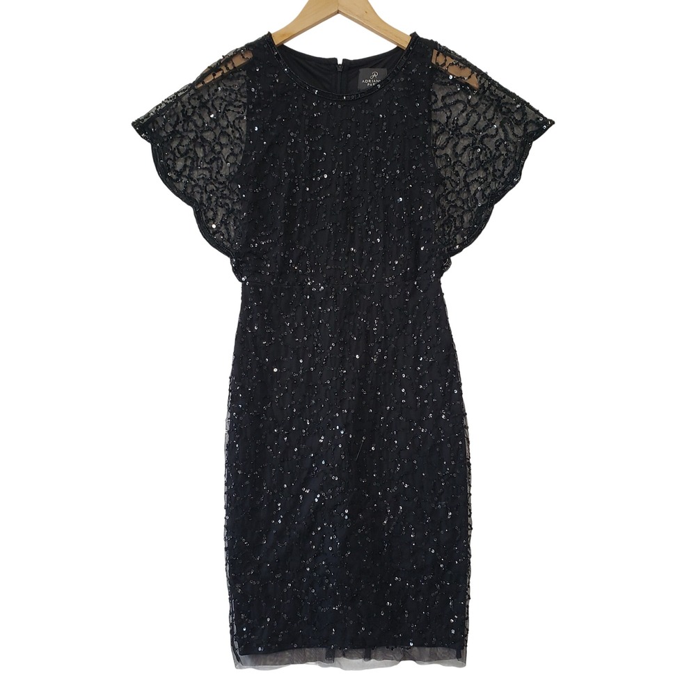 Adrianna Papell Black Sequin Flutter Sleeve‎ Sheath Cocktail Dress Sz 2 Glam